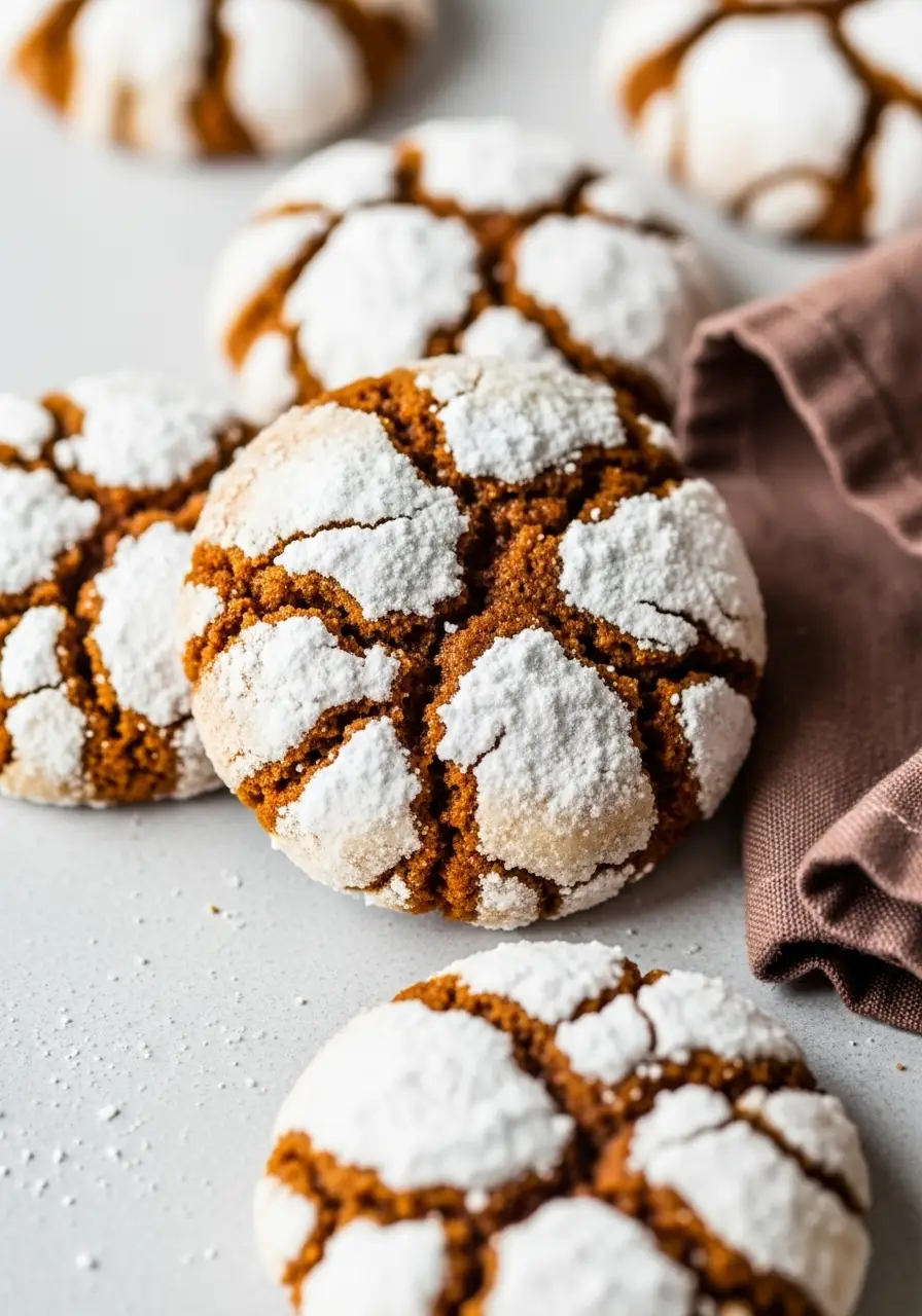 Gingerbread crinkle cookies on a white surface.