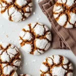 Gingerbread crinkle cookies on a white surface and a brown napkin around.