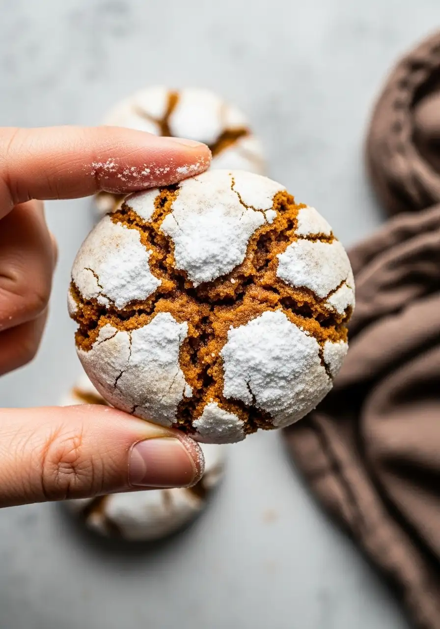 A hand holding a single gingerbread crinkle cookie.