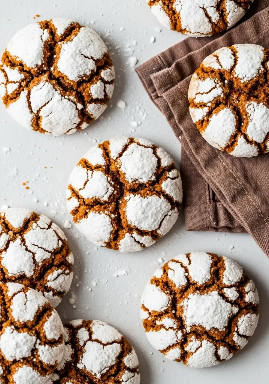 Gingerbread crinkle cookies on a white surface and a brown napkin around.