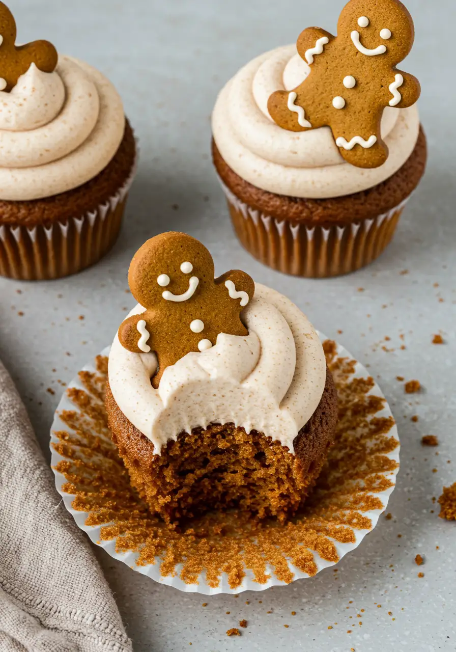 Gingerbread cupcakes on a gray surface.