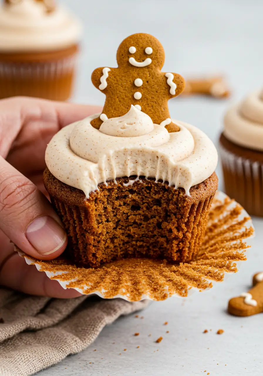 A hand holding a gingerbread cupcake with a bite taken out of it.
