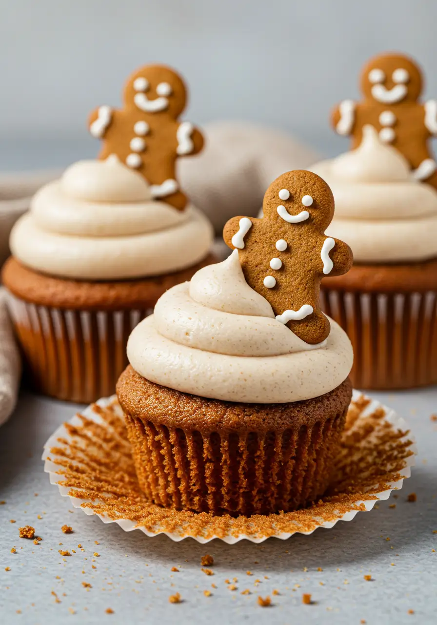 Gingerbread cupcakes topped with cream cheese frosting and garnished with gingerbread cookies.