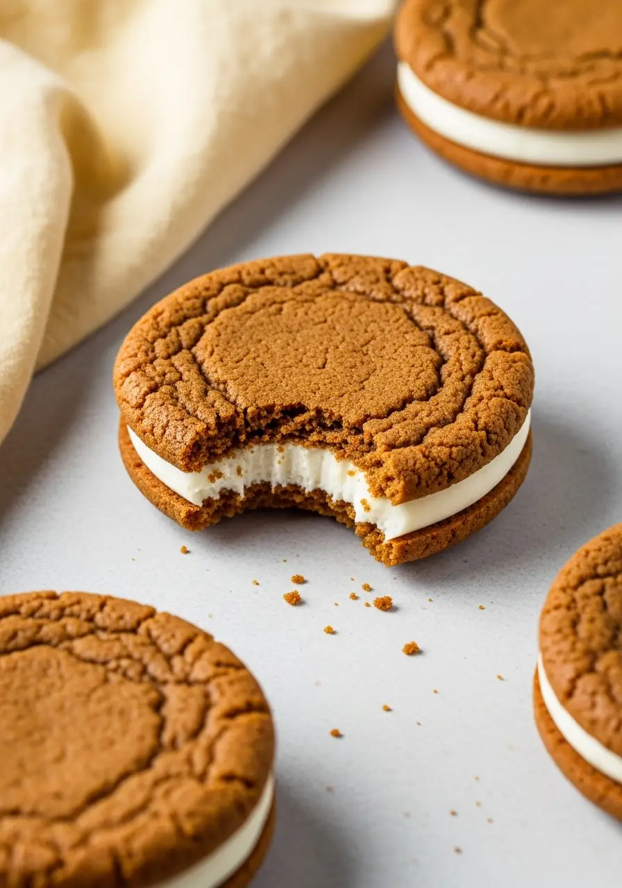 A gingerbread sandwich cookie with a bite missing on a gray surface.