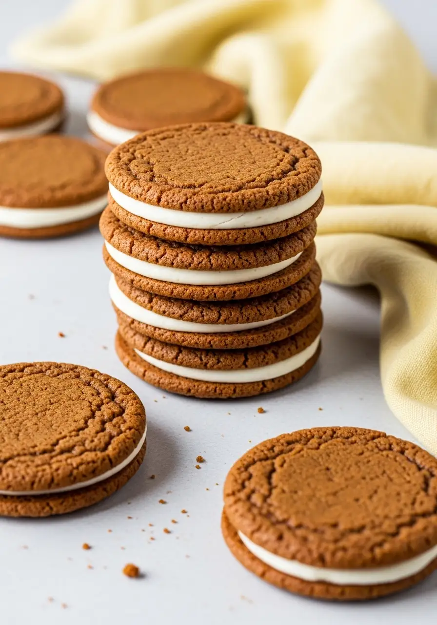 A stack of gingerbread sandwich cookies on a gray surface.
