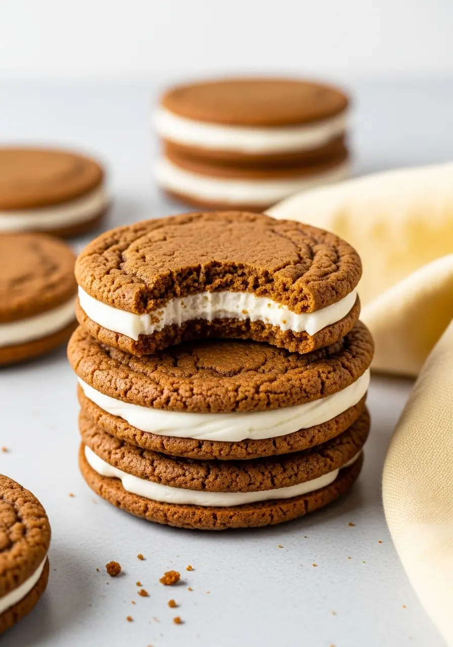 A stack of gingerbread sandwich cookies and the top one has a bite missing.