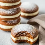 Gingerbread whoopie pies on a light gray surface.