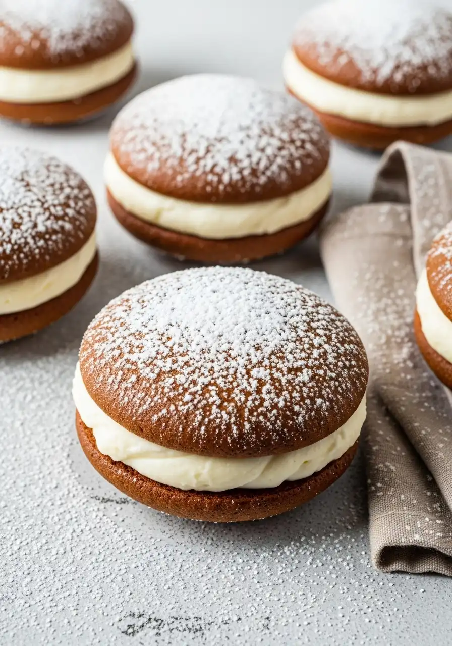 Gingerbread whoopie pies on a gray surface and a light brown napkin beside.