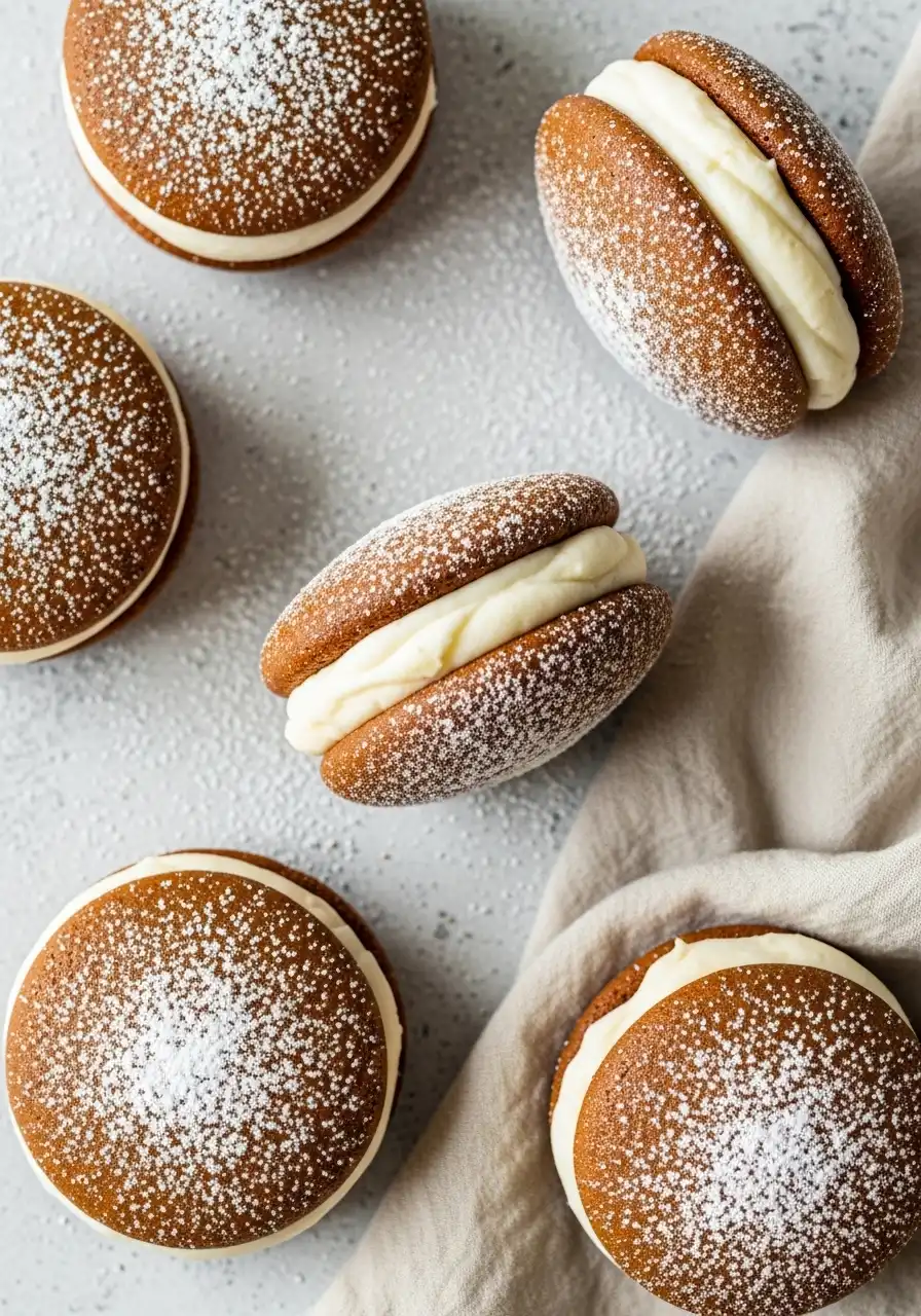 Gingerbread whoopie pies on a gray surface and a light brown napkin beside.