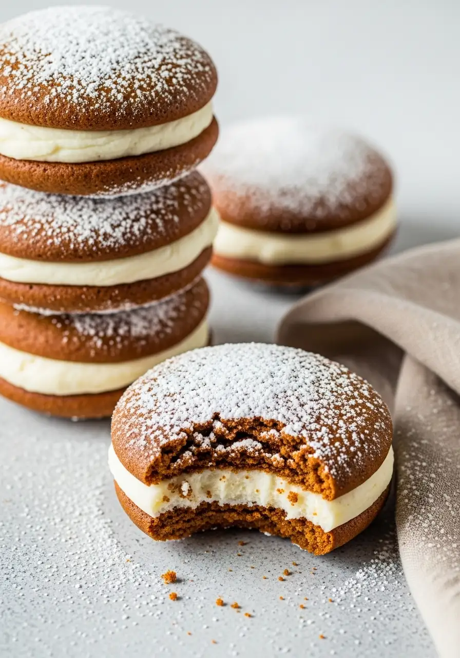 Gingerbread whoopie pies on a light gray surface.