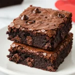 A stack of Gluten free brownies placed on a white plate, and a red napkin behind.