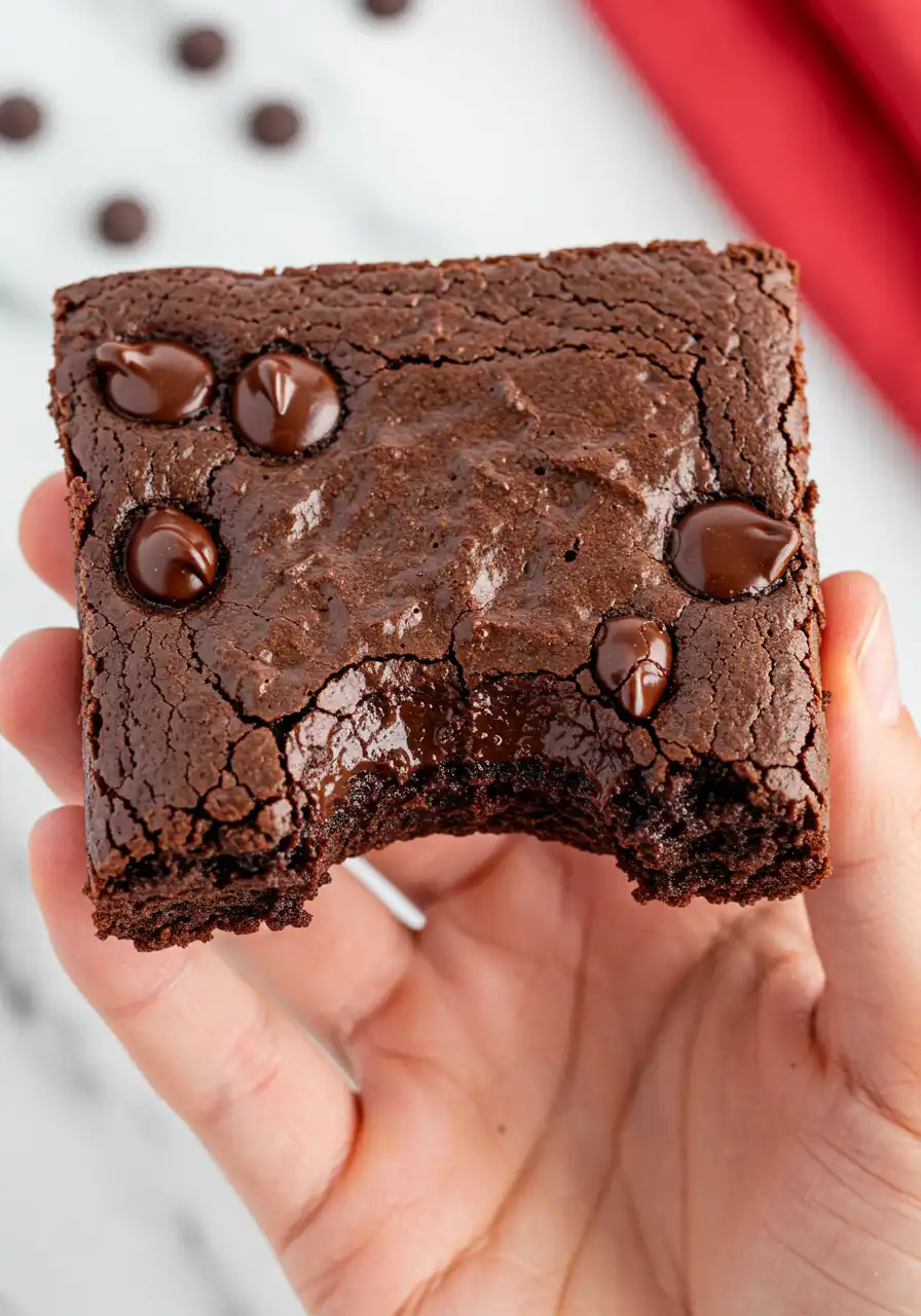 A hand holding a gluten free brownie with a bite taken out of it.