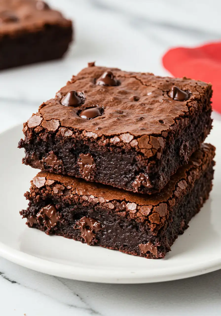 A stack of Gluten free brownies placed on a white plate, and a red napkin behind.