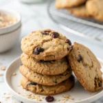 Stack of Gluten-Free Oatmeal Raisin Cookies on a white plate.