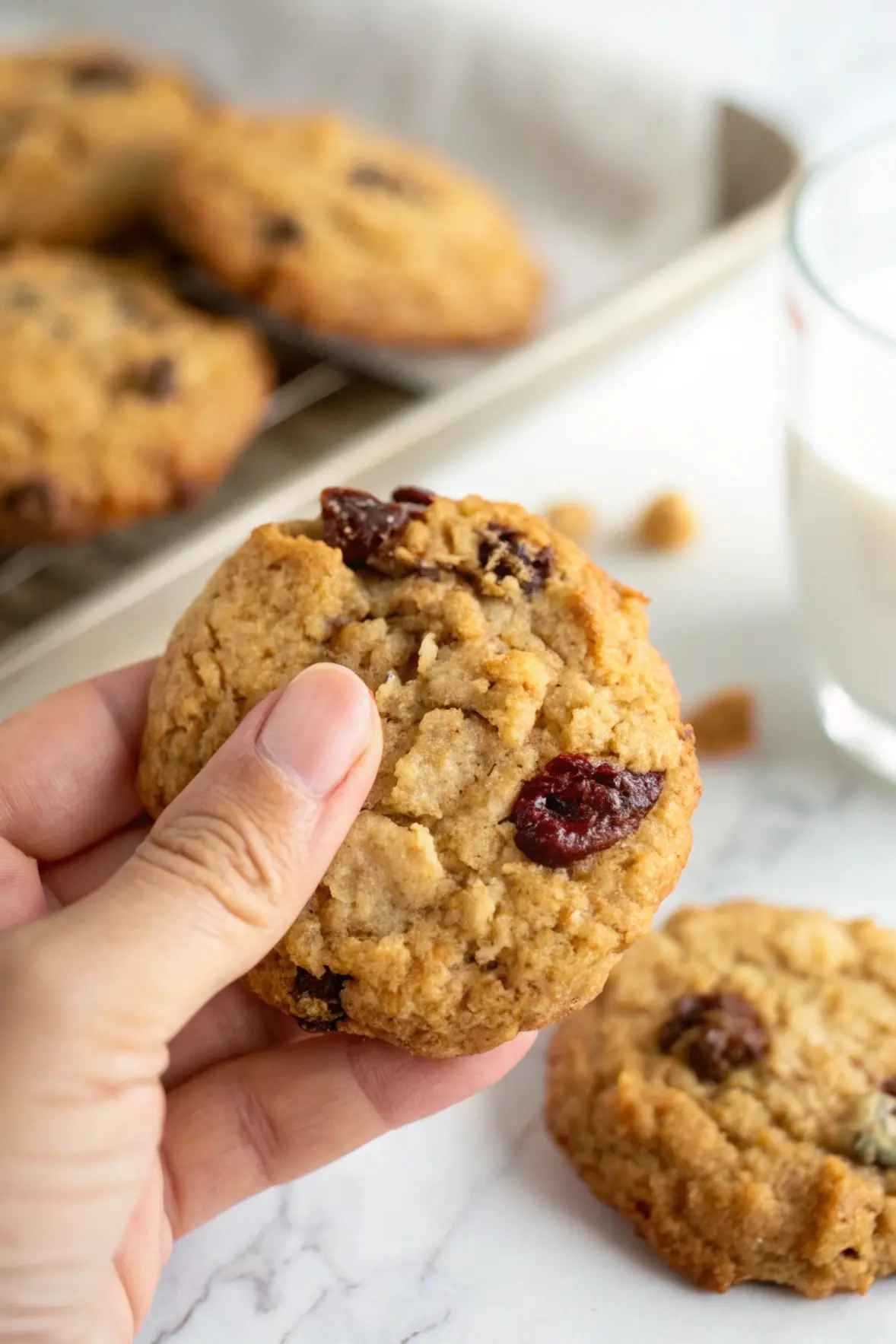 A hand is holding one Gluten-Free Oatmeal Raisin Cookie.