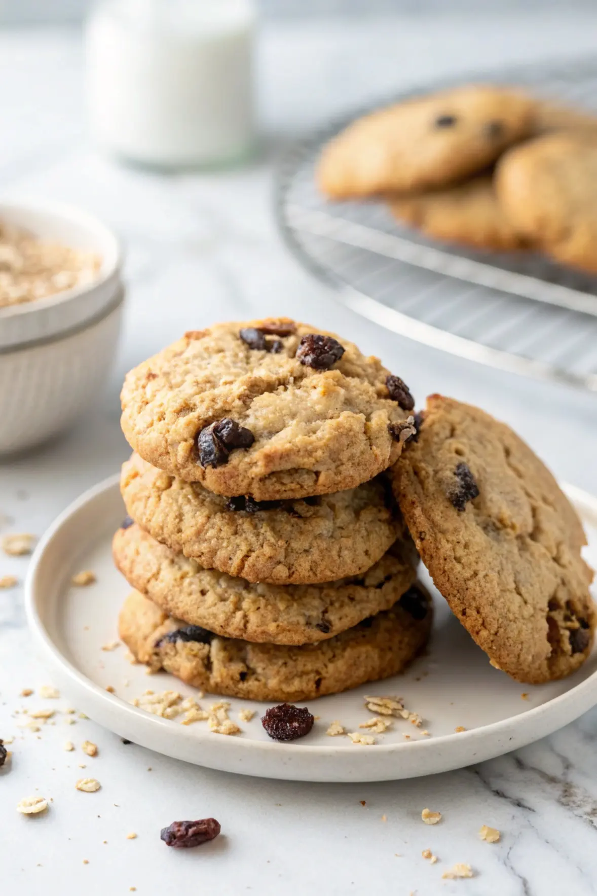 Stack of Gluten-Free Oatmeal Raisin Cookies on a white plate.