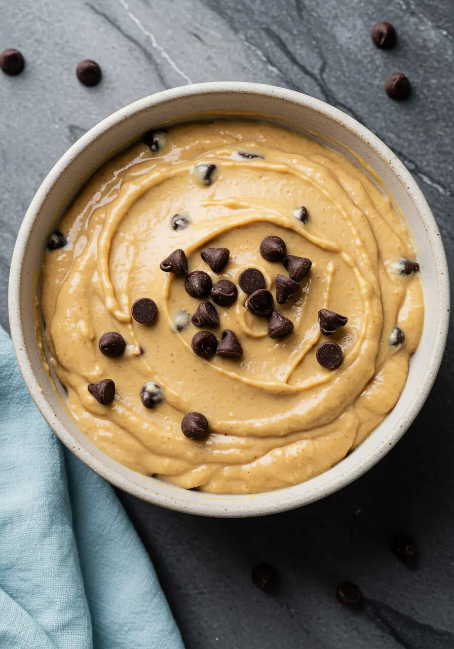 Greek yogurt cookie dough in a white bowl.
