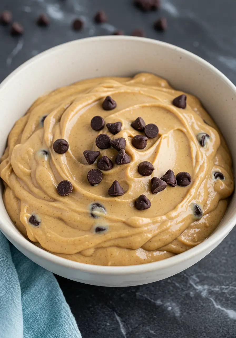 Greek yogurt cookie dough in a white bowl against a marble surface.