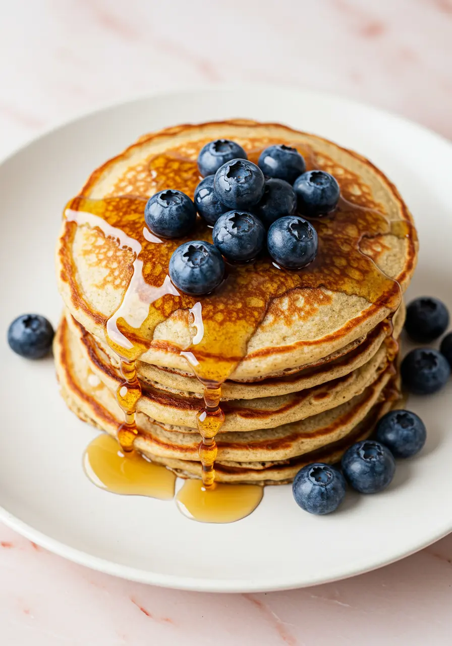 Greek yogurt pancakes on a white plate topped with maple syrup and fresh blueberries.
