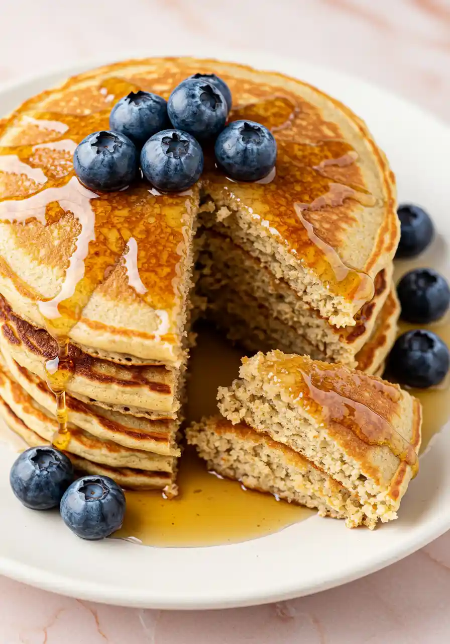 Greek yogurt pancakes on a white plate with a serving taken out of it.