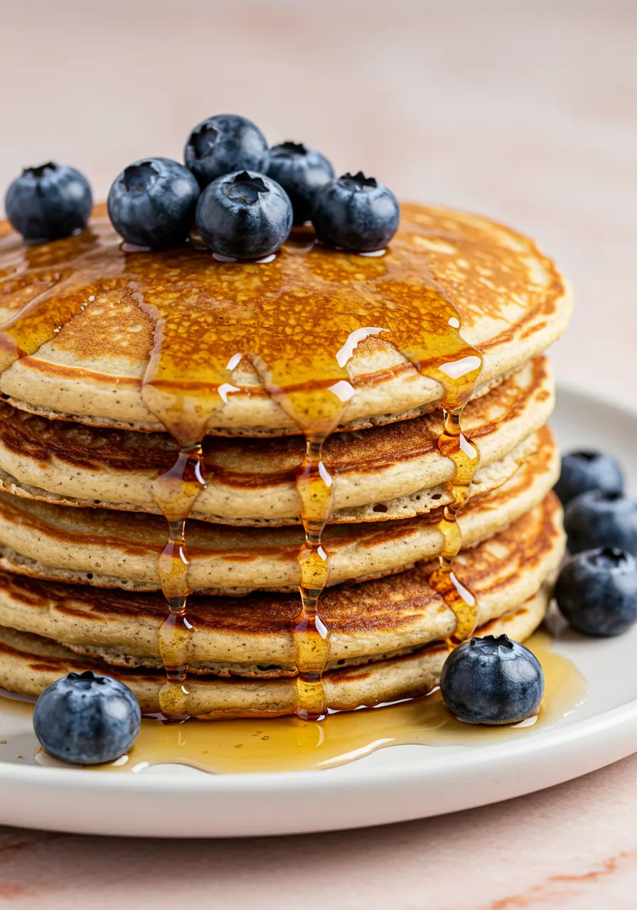 Greek yogurt pancakes on a white plate against a light pink surface.