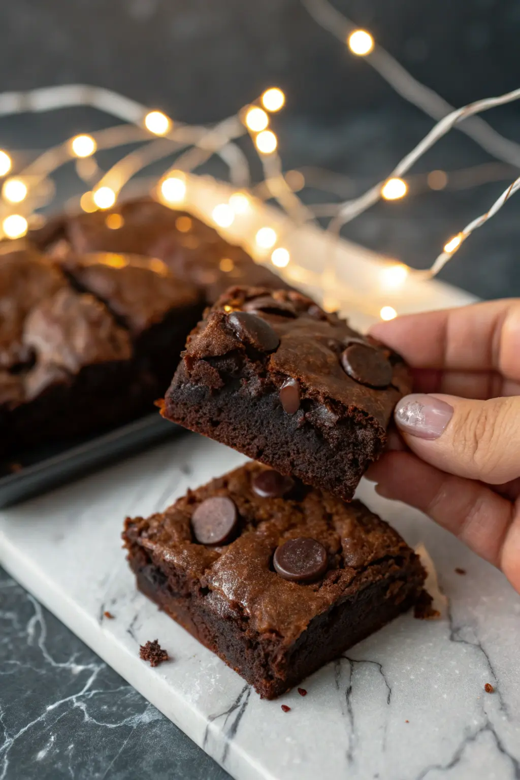 A hand is holding one fudgy Greek yogurt brownie.