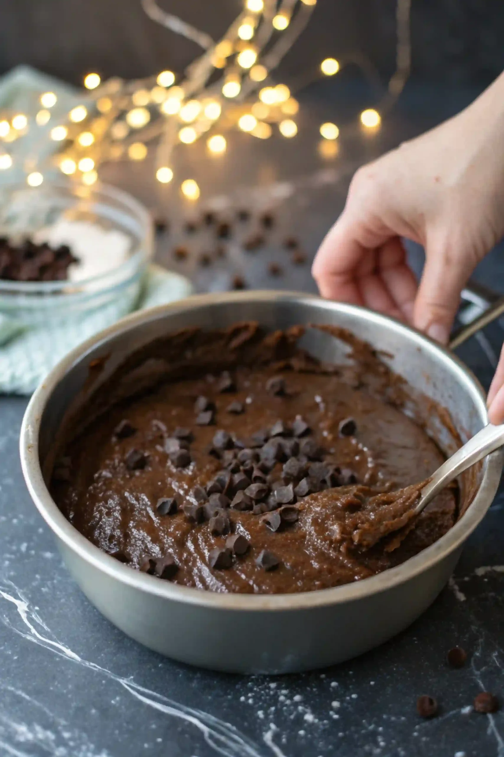 A large mixing bowl filled with brownie batter and chocolate chips are folded in.