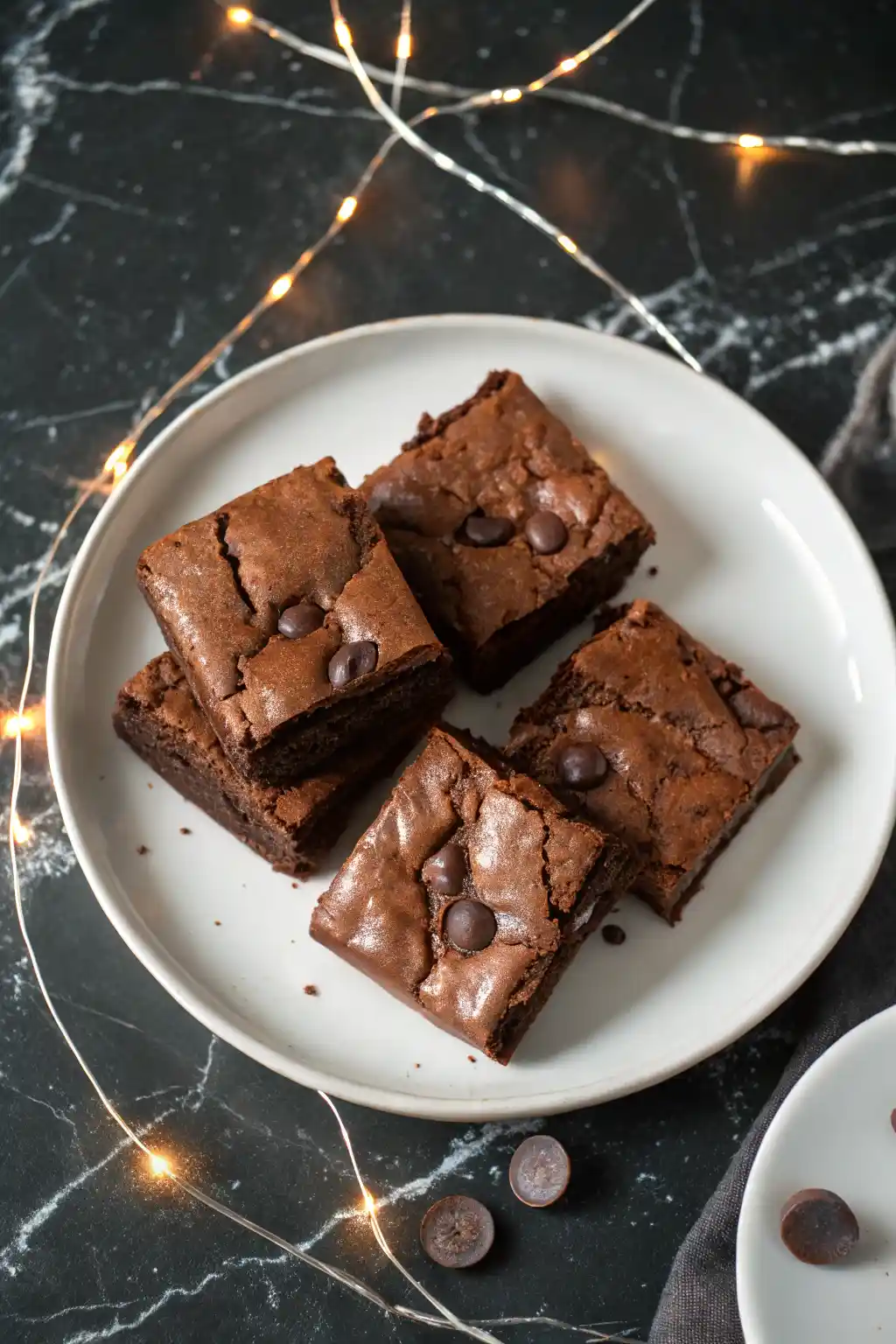 Greek yogurt brownies on a white plate against a dark marble surface and LED strings are glowing on the surface.