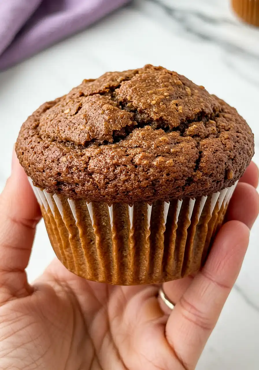 A hand holding a Bran muffin.
