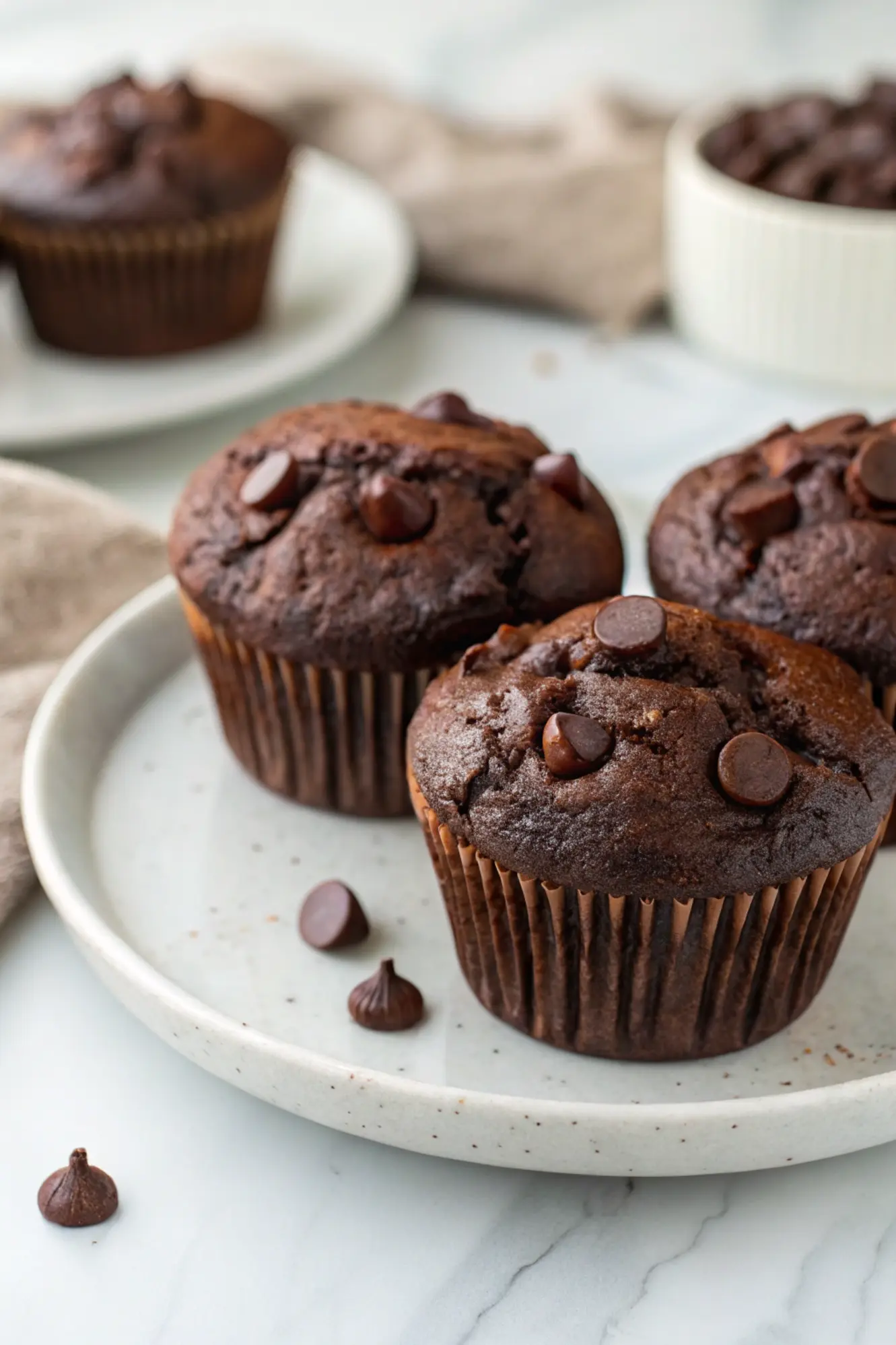 Healthy Chocolate Muffins on a white plate.