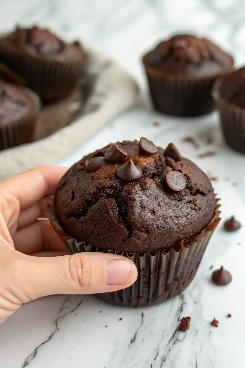 A hand is holding one on a Chocolate Muffin.