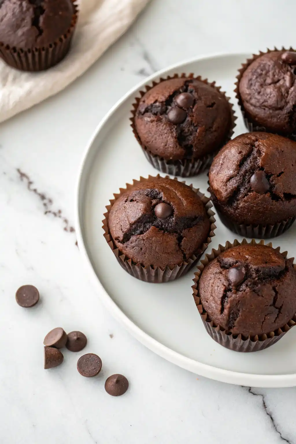 A couple of Healthy Chocolate Muffins placed on a white plate.