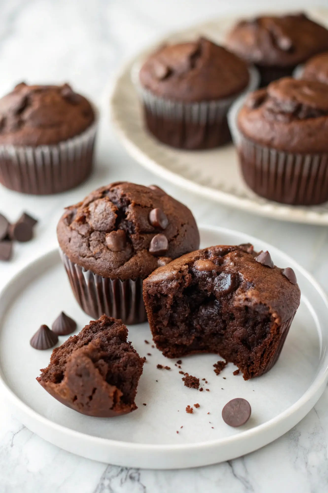 Healthy Chocolate Muffins with one muffin has a bite taken out of it.