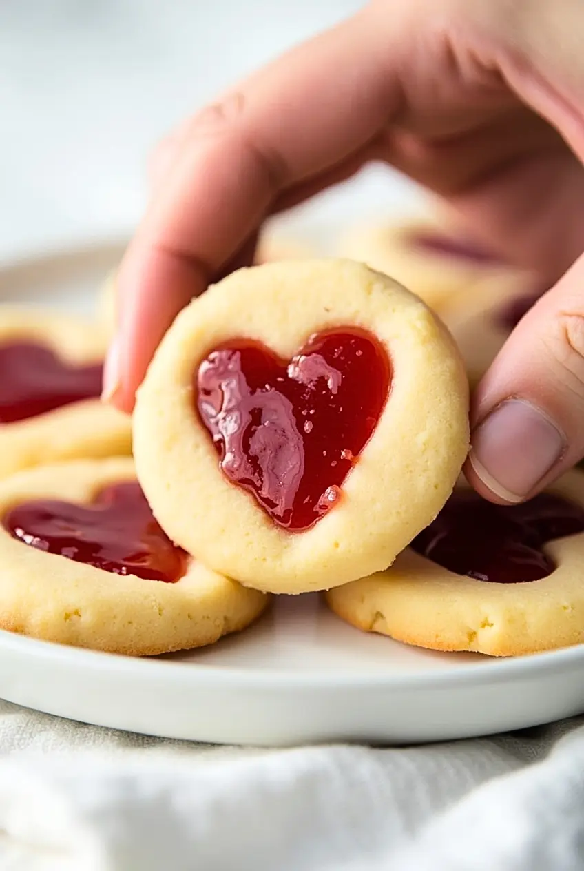 Heart Jam Thumbprint Cookie gently held by a hand