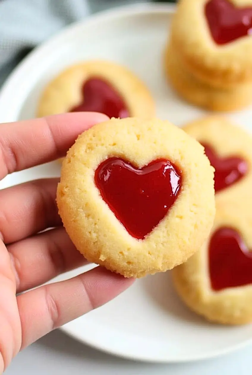 A hand holding a Heart Jam Thumbprint Cookie.
