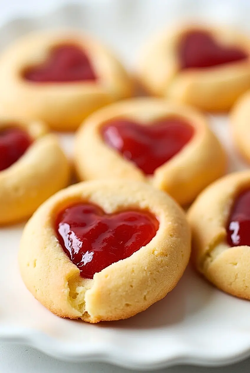 Heart Jam Thumbprint Cookies sits on a white plate