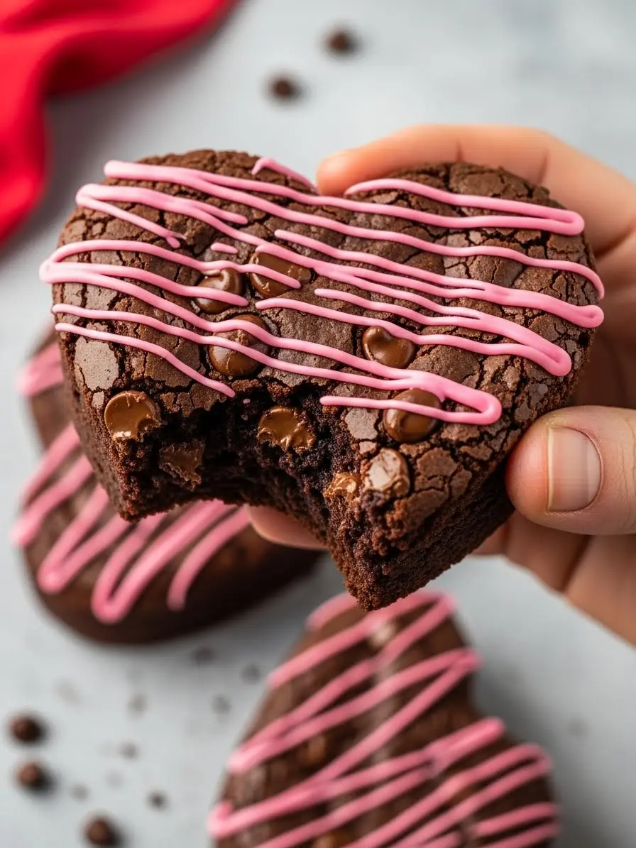A hand holding a heart shaped brownie with a bite missing.