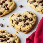 Heart shaped chocolate chip cookies on a light gray surface.