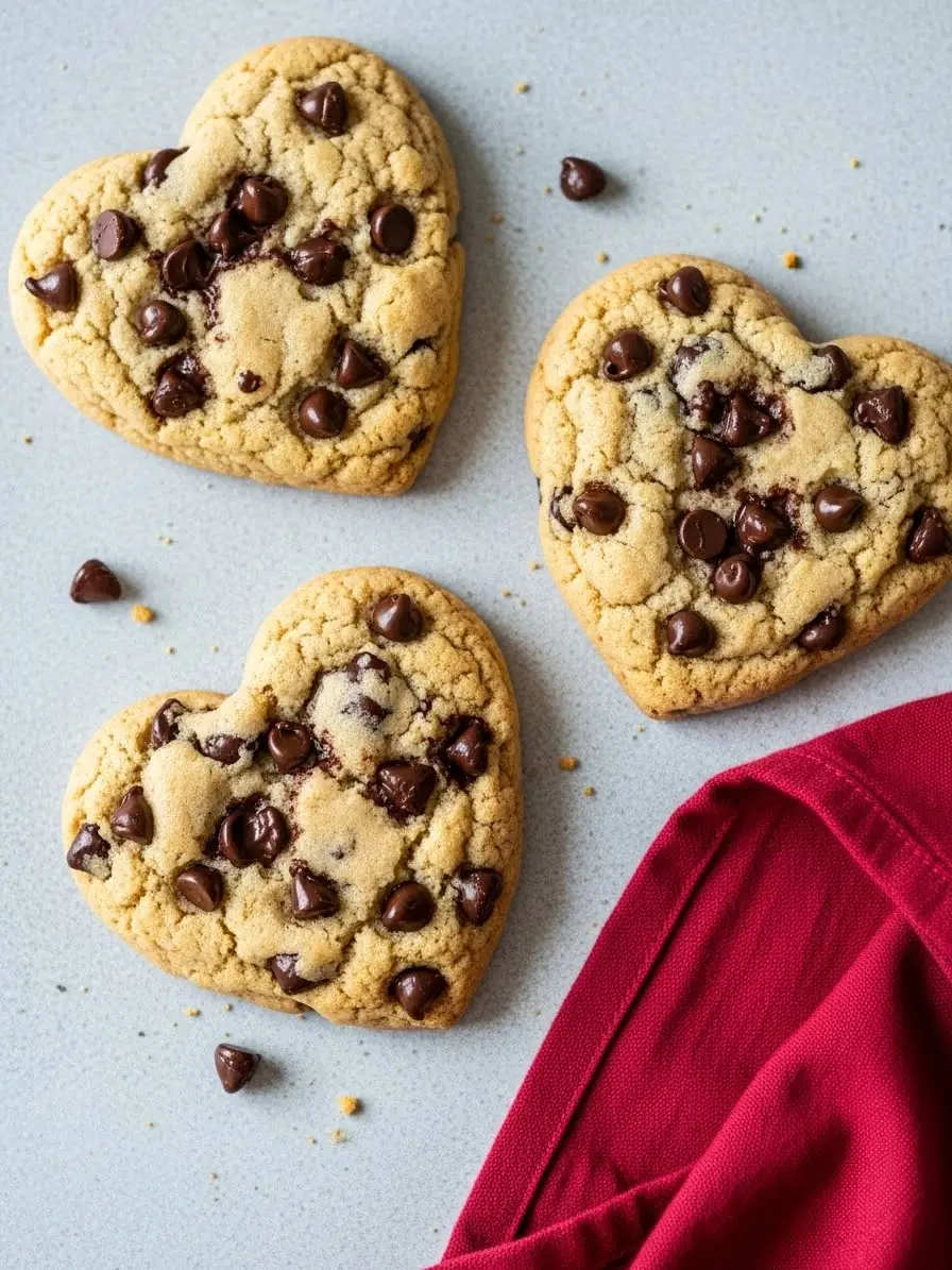 Heart shaped chocolate chip cookies on a light gray surface and a red napkin beside them.