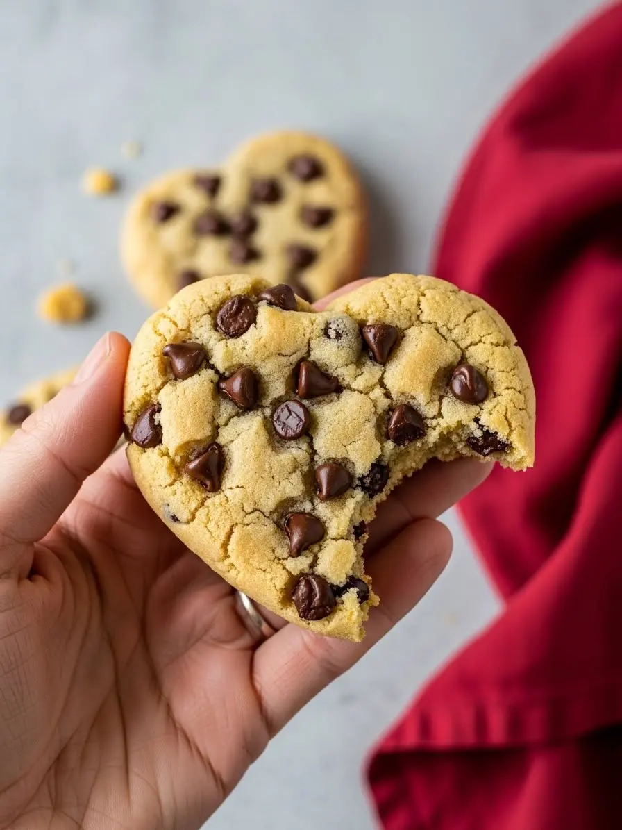A hand holding a heart shaped chocolate chip cookie with a bite missing.