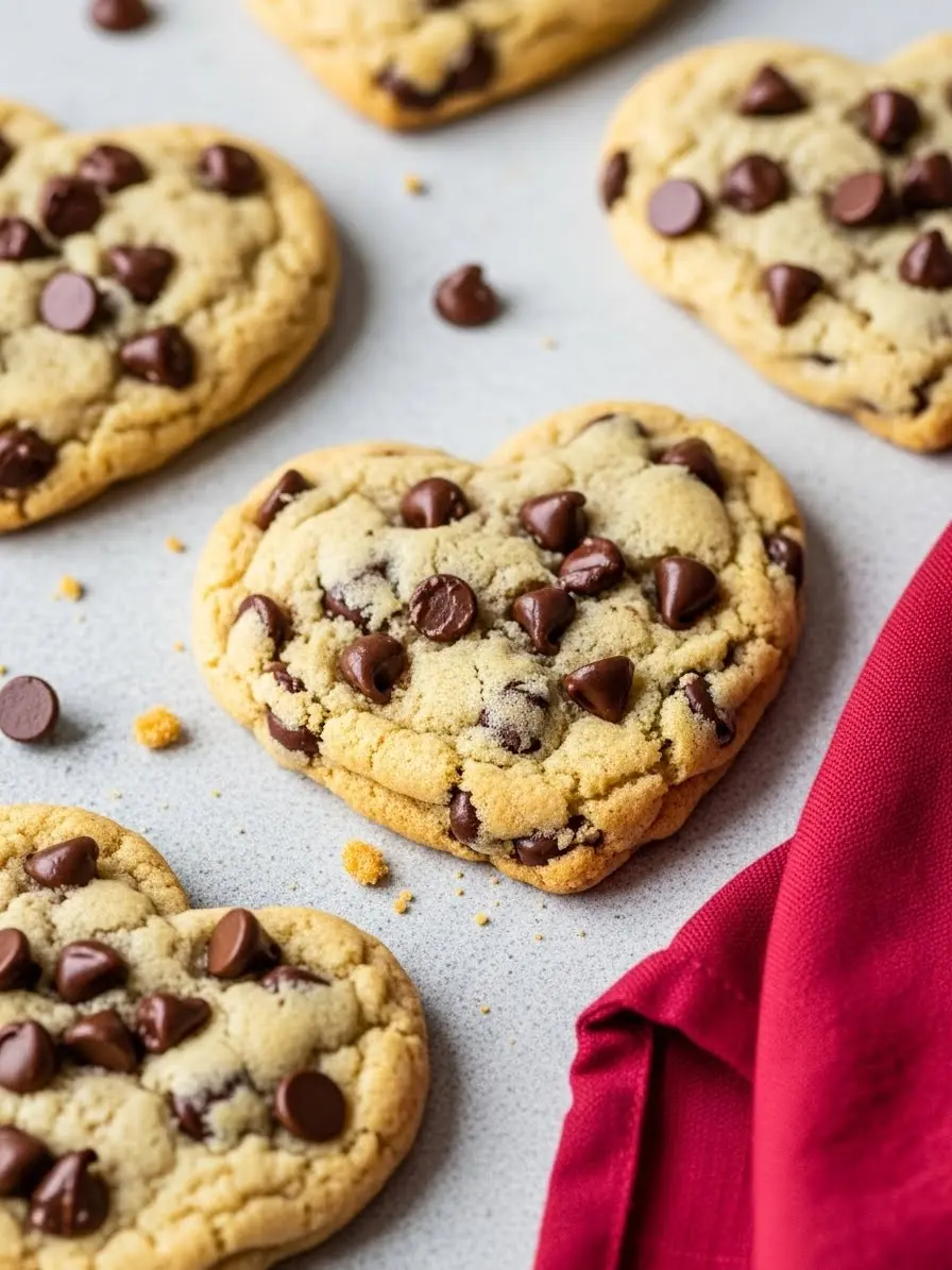 Heart shaped chocolate chip cookies on a light gray surface.