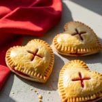 Three heart shaped strawberry hand pies on a light gray surface.