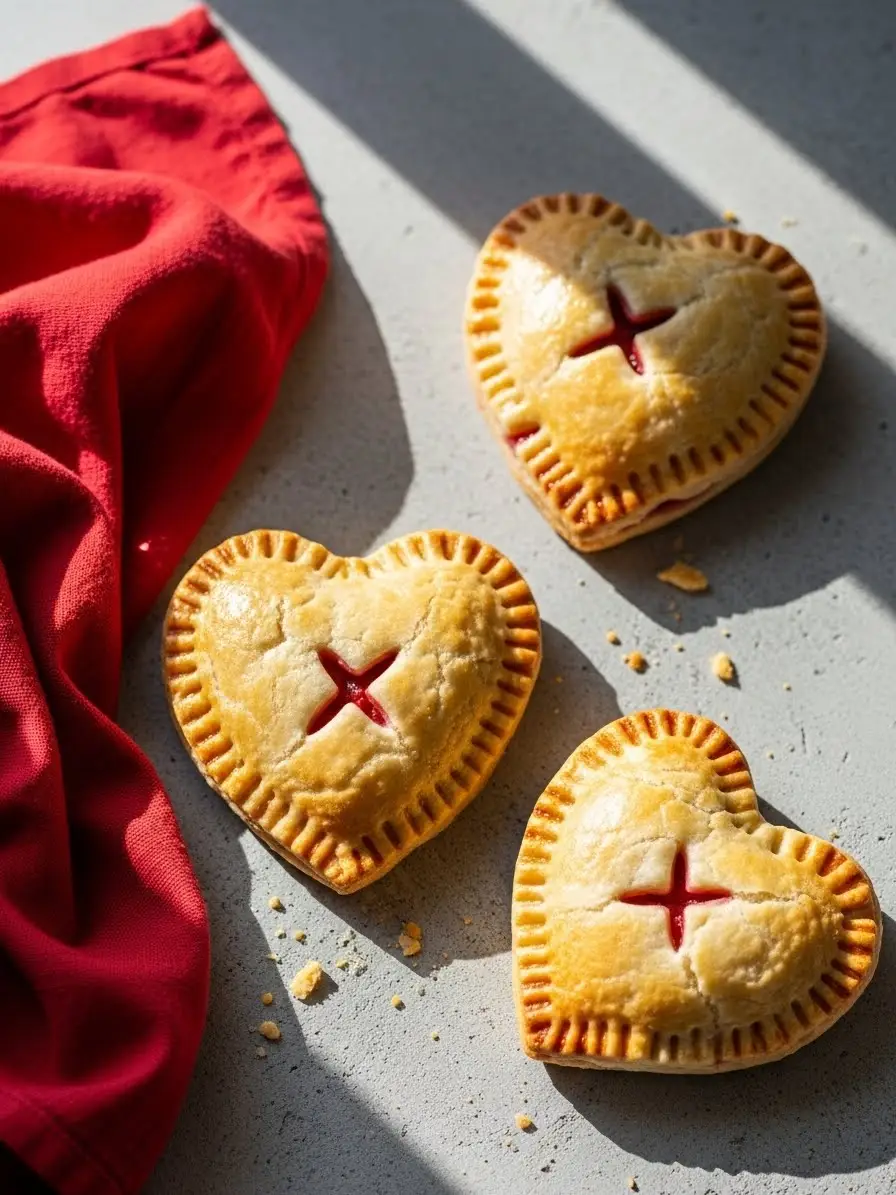 Three heart shaped strawberry hand pies and a red napkin beside.