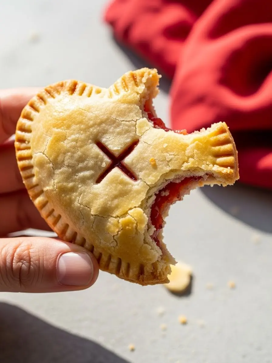 A hand holding a heart shaped strawberry hand pie with two bites missing.