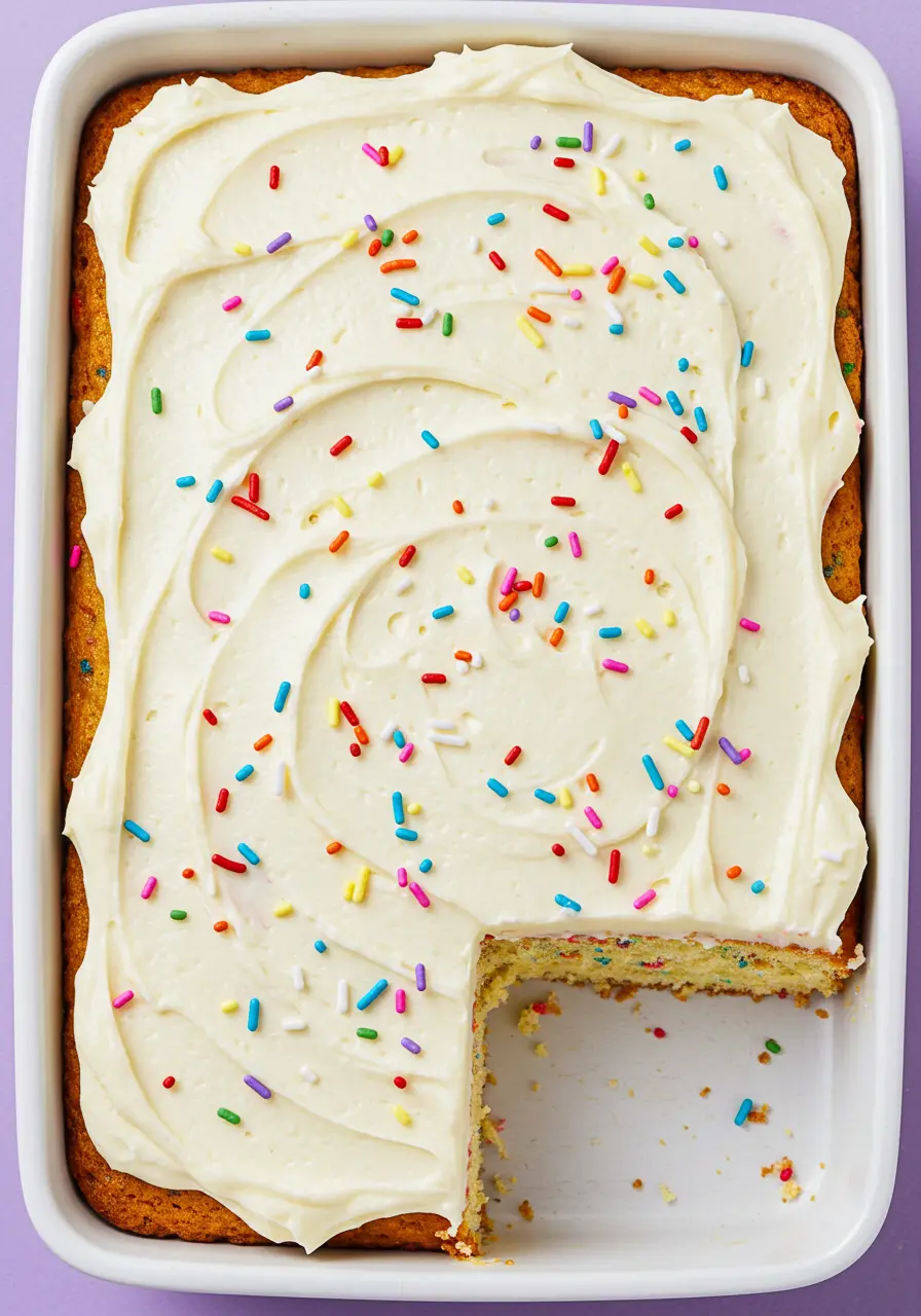 Funfetti cake on a white baking pan with a slice missing.