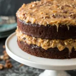 Homemade German Chocolate Cake on a white cake stand.