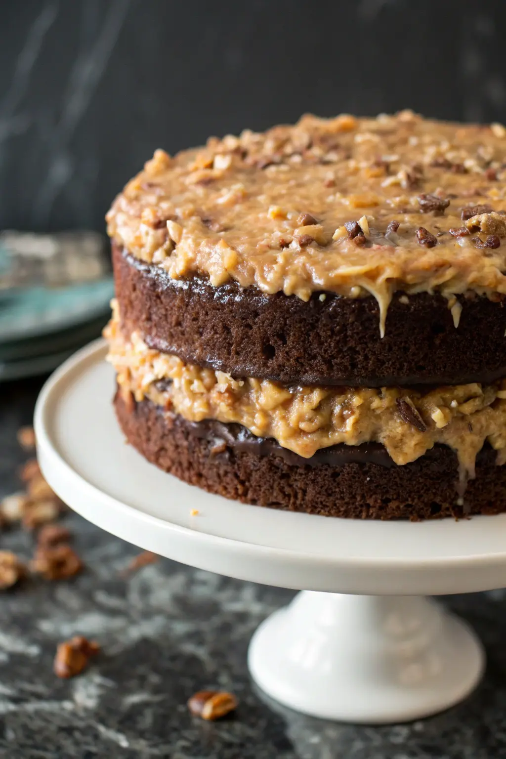 Homemade German Chocolate Cake on a white cake stand.