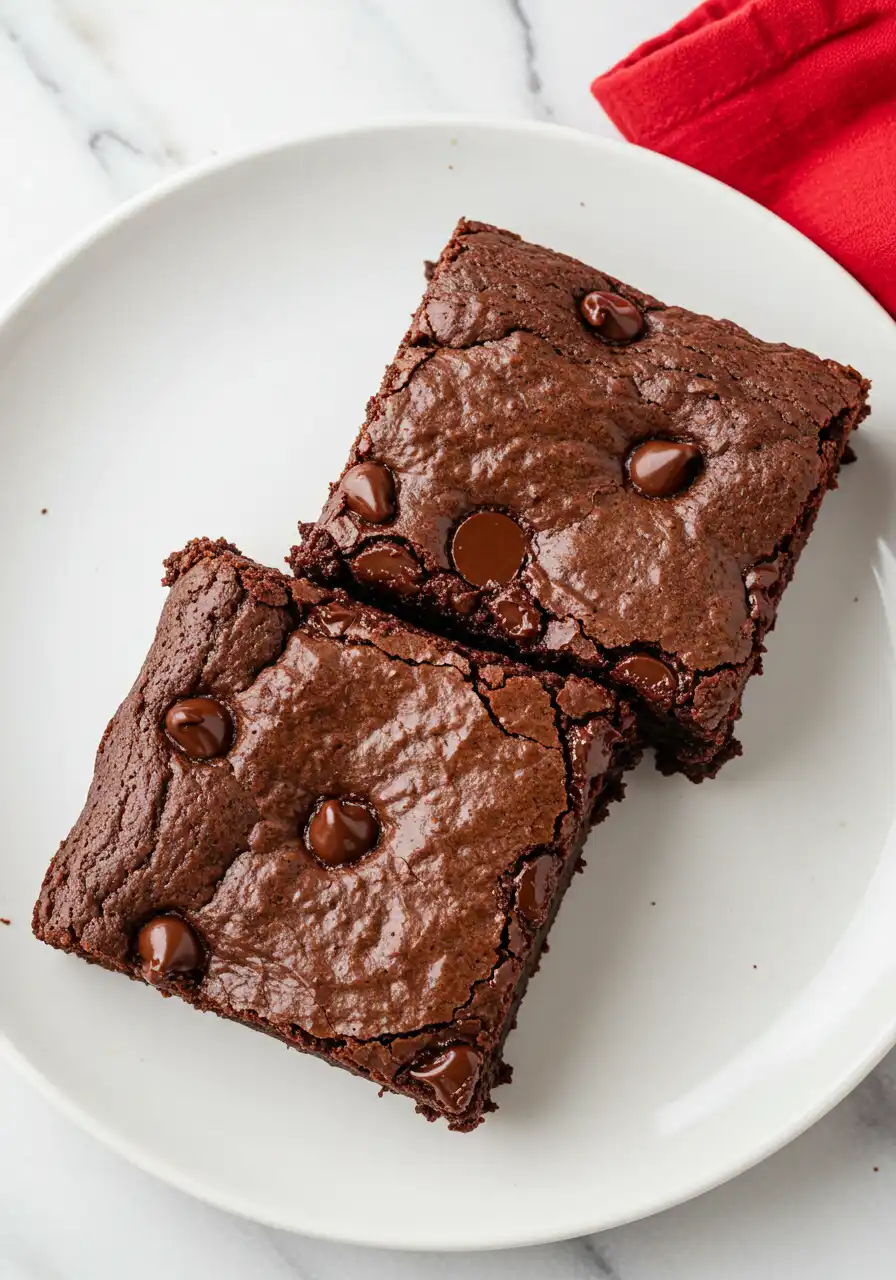 Two brownies are placed on a white plate against a white marble surface.
