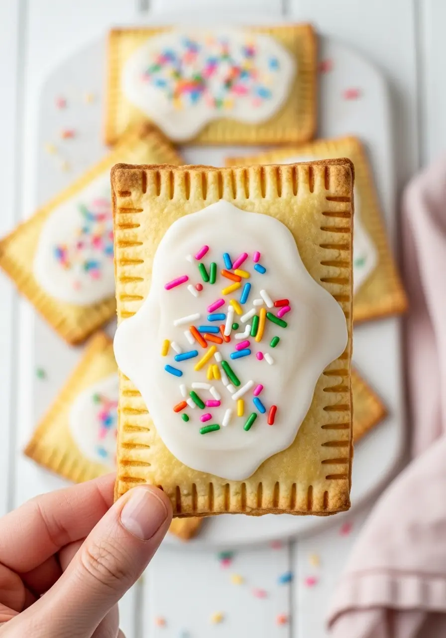 A hand holding one homemade pop tart.