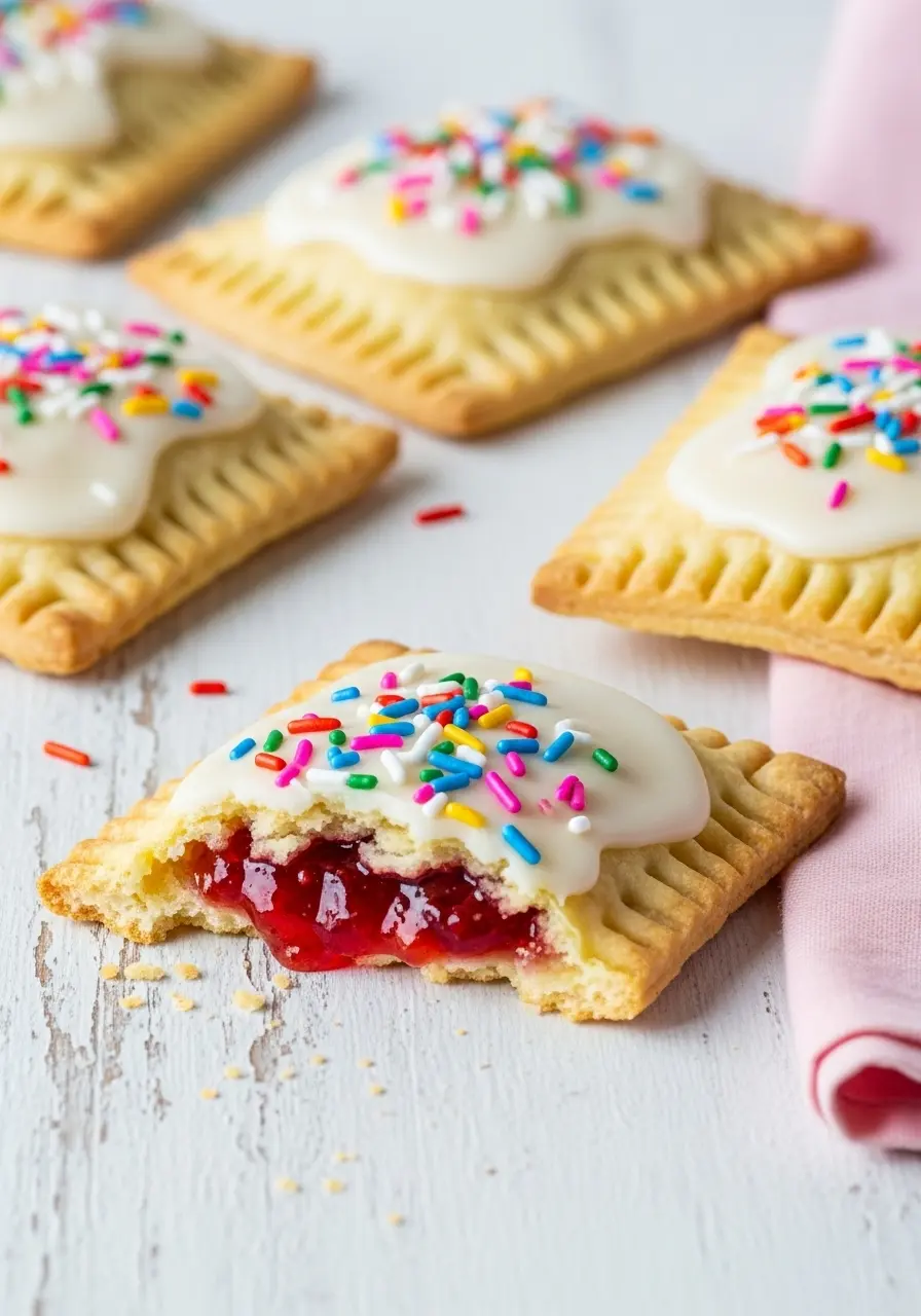 Homemade pop tarts and on of them split open showing the filling inside.